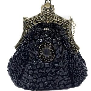 Vintage Black Beaded Evening Clutch with Antique-Gold Frame